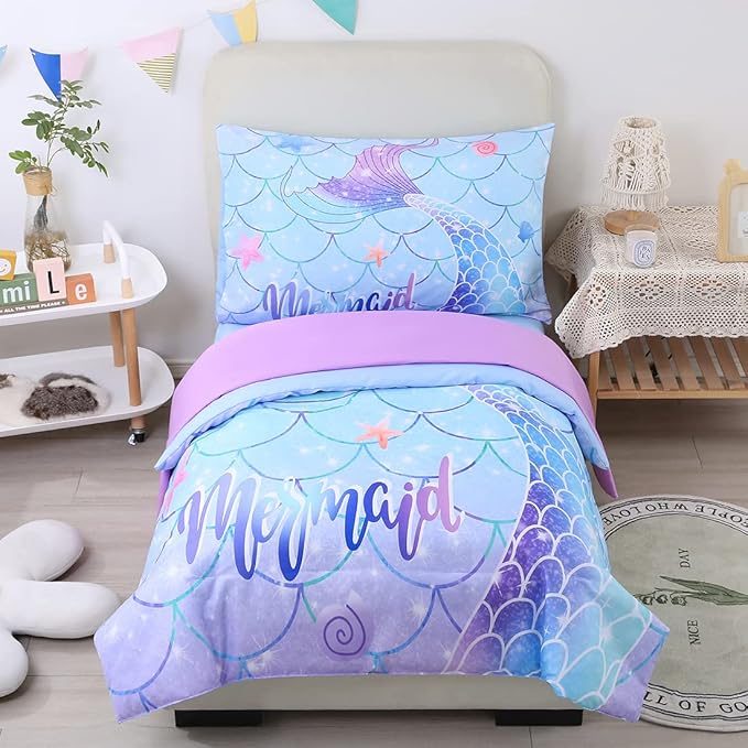 URBONUR 4 Piece Toddler Bedding Set for Girls Blue Purple Mermaid Toddler Bedding Sets Cartoon Scales Toddler Bed in a Bag for 2-6 Years
