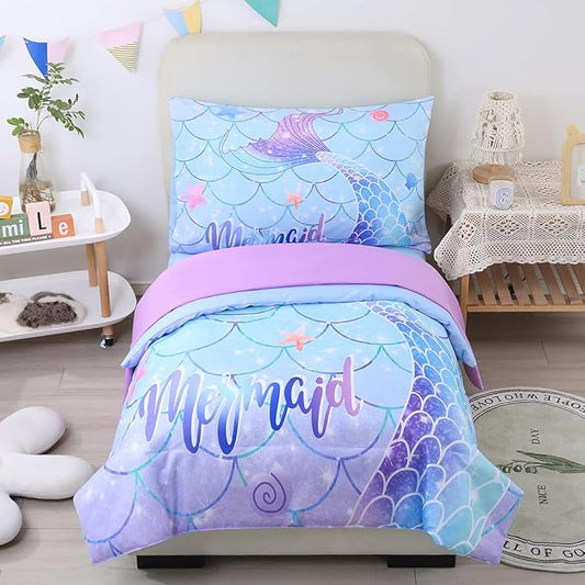 URBONUR 4 Piece Toddler Bedding Set for Girls Blue Purple Mermaid Toddler Bedding Sets Cartoon Scales Toddler Bed in a Bag for 2-6 Years