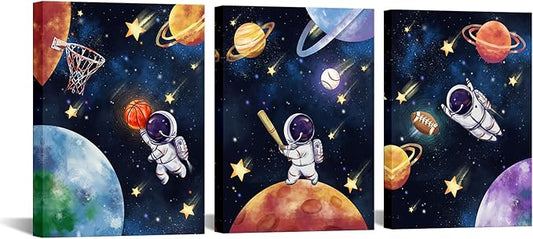 Biuteawal 3 Panels Space Wall Art Cute Astronaut Play Basketball Football Baseball Sports Picture Universe Theme Canvas Painting Funny Art Boys Girls Kids Bedroom Nursery Room Decor