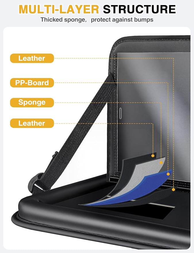 Drsvabze 2-Pack Leather Car Backseat Organizer with Tablet Holder–Foldable Food Tray,Storage Pockets,Trash Can,Tissue Holder & Insulated Bag–Kick Mats Protector for Kids,Travel Accessories Organizer