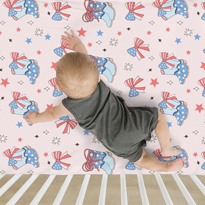 Pink July 4th Cowgirls Baby Crib Sheets for Girl 52x28Inch Western Cowboy Boots American Flag Bows Stars Soft Snug Fitted Crib Mattress Cover Patriotic Baby Sheet for Standard Crib & Toddler Mattress
