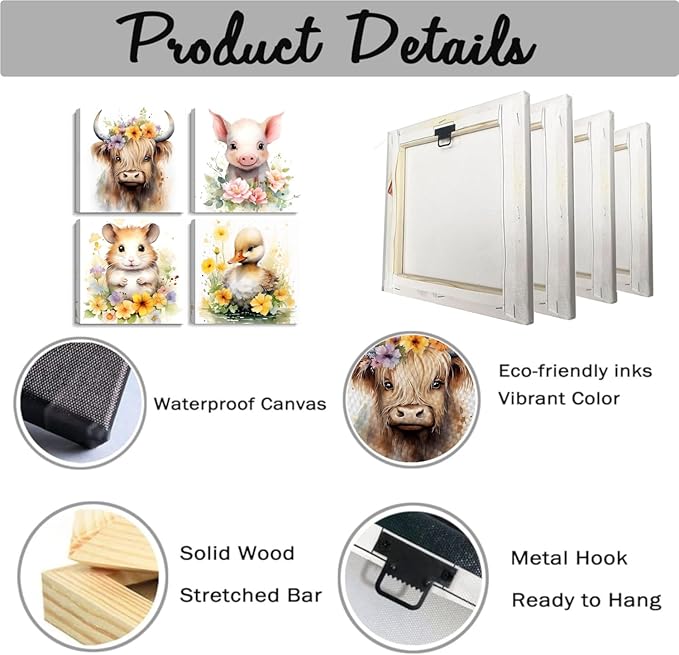 LYUNSHUO Nursery Wall Decor Cute Rustic Farmhouse Animal Canvas Print Wall Art Cow Pig Hamster Duck Poster Artwork for Home Decor Gallery Wrap Ready to Hang(Art-4,16.00"x16.00"x4P)