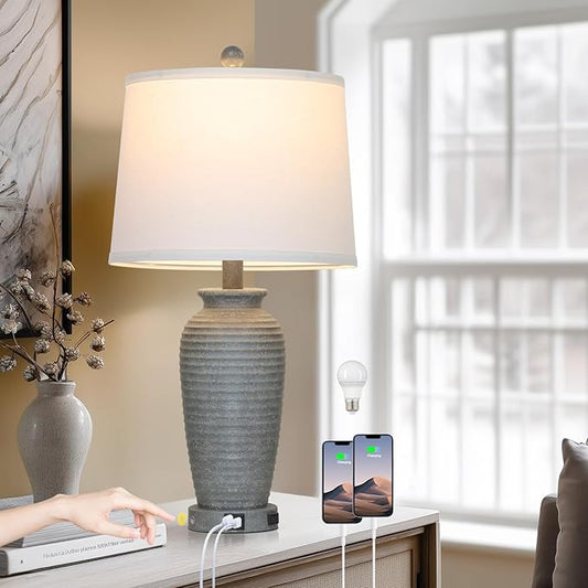 CINSARY 25" Grey Farmhouse Jar Table Lamps, 3 Way Touch Control Rustic Bedside Lamps with USB A+C Ports & AC Outlet, Pot Nightstand Lamps for Bedroom End Table (LED Bulbs Included)