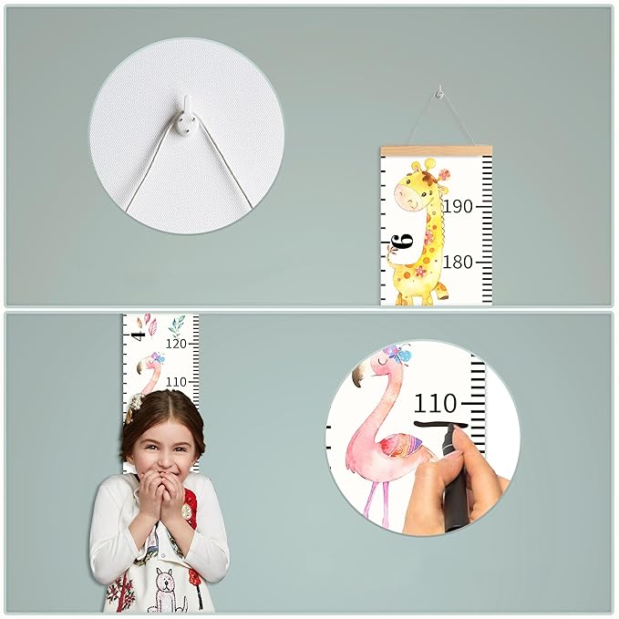 Personalized Growth Chart for Kids, Baby Height Chart with Custom Name, 77"x7.9" Canvas and Beige Wood Height Measuring Rulers for Boys Girls Removable Wall Ruler Hanging for Nursery Decor - Animals