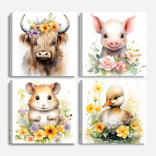 LYUNSHUO Nursery Wall Decor Cute Rustic Farmhouse Animal Canvas Print Wall Art Cow Pig Hamster Duck Poster Artwork for Home Decor Gallery Wrap Ready to Hang(Art-4,16.00"x16.00"x4P)