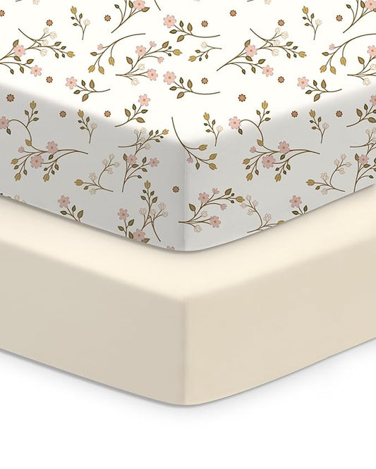 Baby Crib Sheets Boy Girl for Standard Crib Mattress - Pink Vintage Floral&Beige, Soft Jersey Knit, Breathable and Cozy, Fits 28''x52''x9'' Deep Pocket