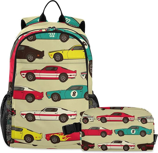 Jucciaco Vintage Car Racecar Backpack with Lunch Bag, School Backpack for Teens Boys Girls Kids Backpacks Set
