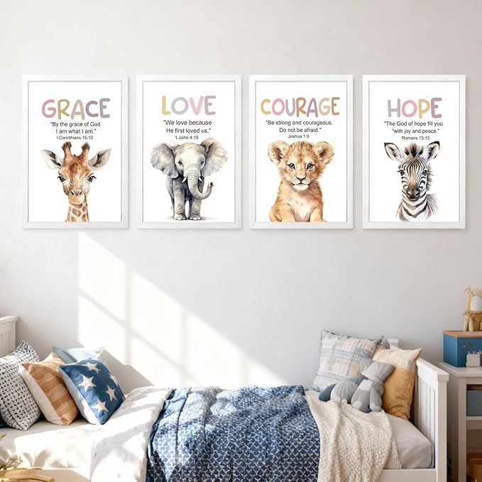 Cute Giraffe Elephant Tiger Zebra Quote Framed Wall Art Set of 4, 11x16 Educational Grace Love Courage Hope Saying Sign for Baby Girl Kid Boy Toddlers, Boho Wooden Inspirational Nursery Wall Decor
