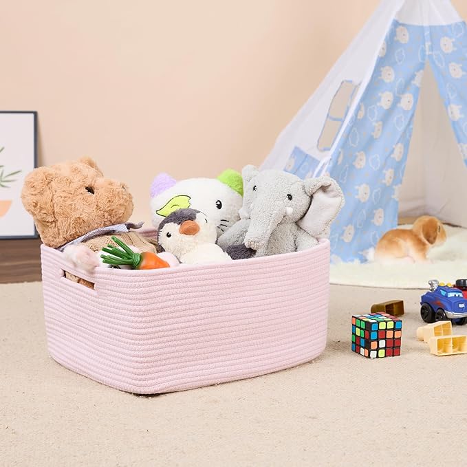 MiniArk Large Storage Baskets for Shelves, Closet Organizers Bins for Clothes Blanket Towels, Baby Nursery, Toy Baskets Box, Woven Rope Baskets, 17 x 13 x 7.5”, 2 Packs Light Pink