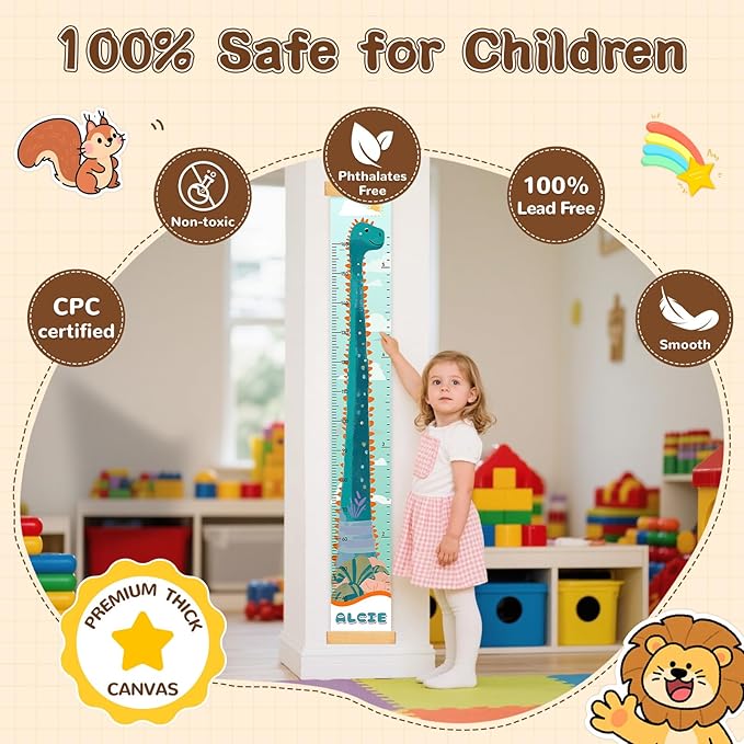 Personalized Name Growth Chart for Kids, Dinosaur Canvas Child Height Measurement, Kids Measuring Chart for Wall, Kids Room Wall Decor, Removable & Waterproof Growth Chart Ruler