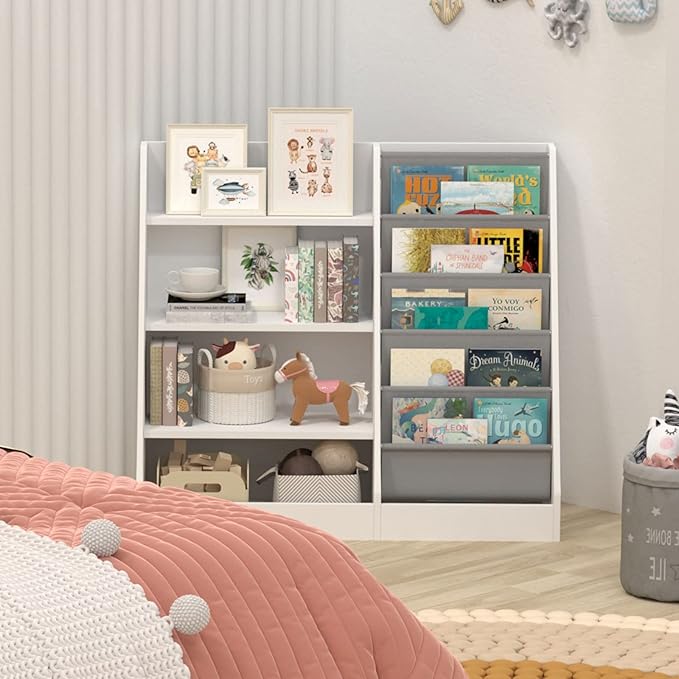 HedoAjim 4 Tier Kids Wooden Bookshelf, 5 Layer Sling Toddler Bookcase,Baby Storage Book Rack,Book and Toy Organizer Cabinet,Children Book Display,Playroom Nursery Classroom Kid Room