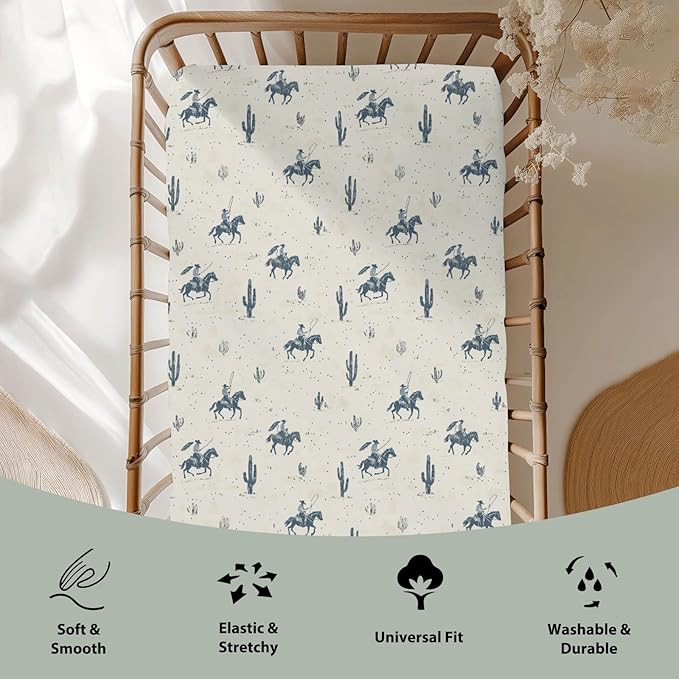 Vintage Western Cowboy Baby Crib Sheets for Boy Girl 28"x52" Retro Cowboy Horse Cactus Soft Stretchy Fitted Crib Mattress Cover Wild Desert Baby Sheet for Standard Crib & Toddler Mattress Pads