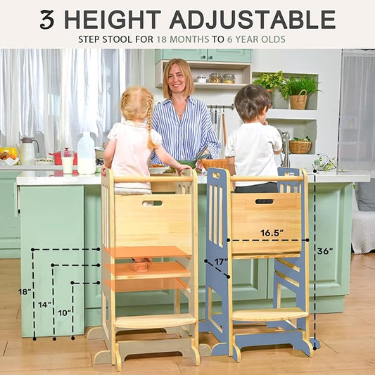 WINGYZ Toddler Tower – Adjustable Step Stool Helper for Kids 18M–6Y, Kitchen Learning Stool with Safety Rail, 3-Height Adjustable, Sliding Door, Full Support Foot, Wooden Updated Design, Light Blue