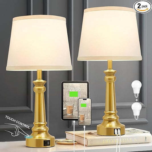 EJIAXIN Touch Lamps for Nightstand Set of 2 - Gold Table Lamp for Bedroom Dimmable Bedside Lamps with USB C+A Ports - Lamps for Night Stands Living Room End Table,2 LED Bulbs Included