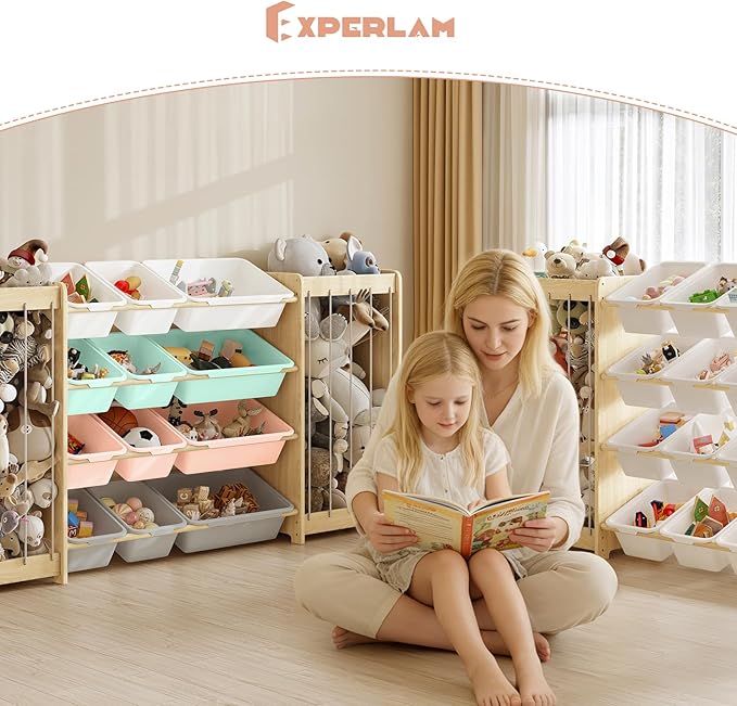 EXPERLAM Toy and Stuffed Animal Storage, 12-Bin Toy Shelf with Double-Sided Stuffed Animal Holder & Thicker Elastic Ropes, Space-Saving Solid Wood Toy Organizer for Playroom, Nursery, Bedroom, Multi