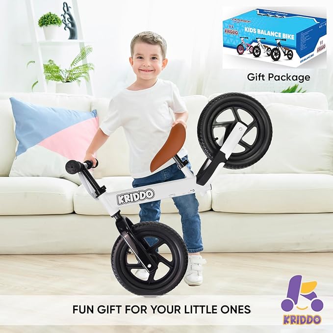 KRIDDO Toddler Balance Bike 2 Year Old, Age 24 Months to 5 Years Old, 12 Inch Push Bicycle with Customize Plate (3 Sets of Stickers Included), Gift Bike for 2-3 Boys Girls, White Sport