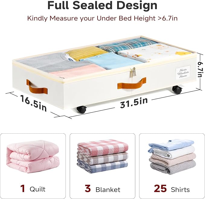 KitHero Under Bed Storage with Wheels Set of 2, Underbed Storage Container with Clear Lid Cover, 6.7 Inches Height Rolling Under Bed Drawer Storage Basket Bin Shoe Organizer for Cloth Sheet Sweater
