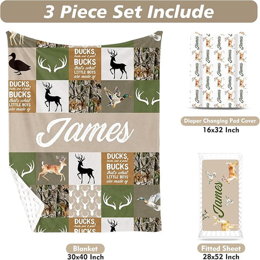Custom Name Crib Bedding Set 3-Piece – Multi-Grid Deer Design Baby Bedding Set with Personalized Soft Blanket, Fitted Sheet, Changing Pad Cover – Ideal Newborn Gift for Boys and Girls