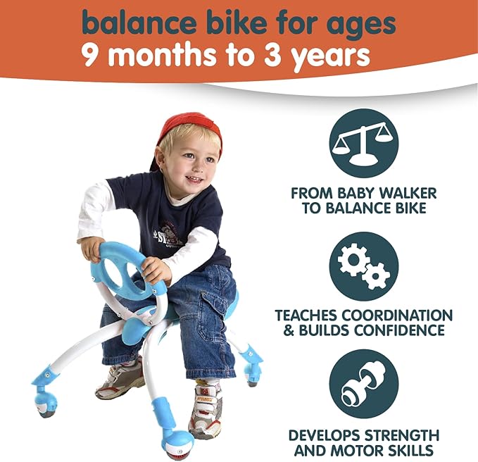 YBIKE Pewi Walking Ride On Toy - from Baby Walker to Toddler Ride On for Ages 9 Months to 3 Years Old, YPIW3, Blue