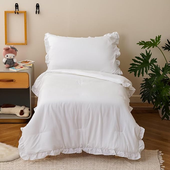CLOTHKNOW White Toddler Bedding Sets, 4 Pieces White Ruffles Farmhouse Pattern, Soft Crib Bed Set Including Comforter, Flat Sheet, Fitted Sheet and Pillowcase