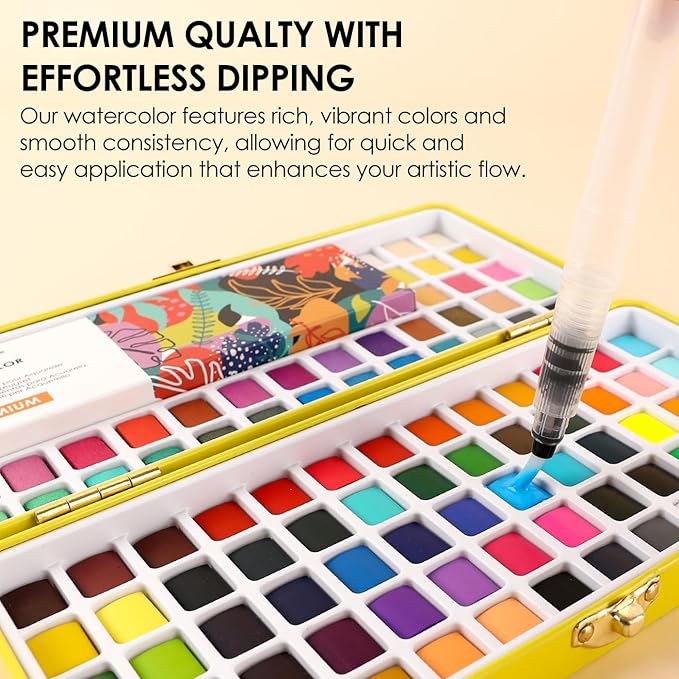 Grabie 100 Colors Premium All-In-One Watercolor Paint Set - 50 Essential, 35 Metallic, 10 Pastels, 5 Neon Hues - Portable Case, Brush Pens, Paper Pad, Waterproof Fineliner Pen, Beginner & Professional