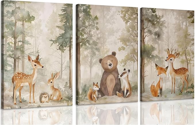 ICHZUMW Woodland Animals Nursery Wall Decor, Nursery Wall Art, Watercolor Deer Bear Fox Painting Print Artwork for Boys Girls Kids Room, Wrapped Canvas, Ready to Hang, 12x16in, Set of 3
