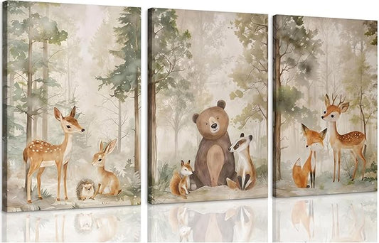 ICHZUMW Woodland Animals Nursery Wall Decor, Nursery Wall Art, Watercolor Deer Bear Fox Painting Print Artwork for Boys Girls Kids Room, Wrapped Canvas, Ready to Hang, 12x16in, Set of 3