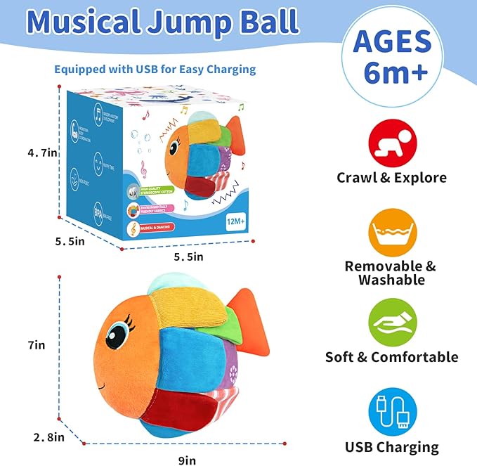 Crawling Baby Music Toys 6+ 12-18 Months - Dancing Walking Moving Bouncing Learning Fish Tummy Time Toy Sensory Toddler Toys for 1-3 Year Old Christmas Birthday Gifts Stocking Stuffers