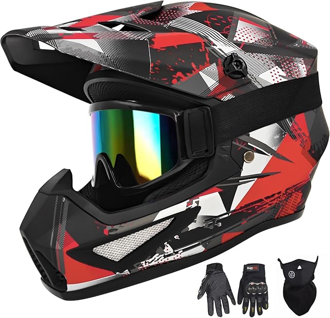 Youth Kids Motocross Helmet, Adult ATV Dirt Bike Helmet with Goggles Gloves & Mask Quick, Full Face Motorcycle Helmet with Quick Release Buckle DOT Certified