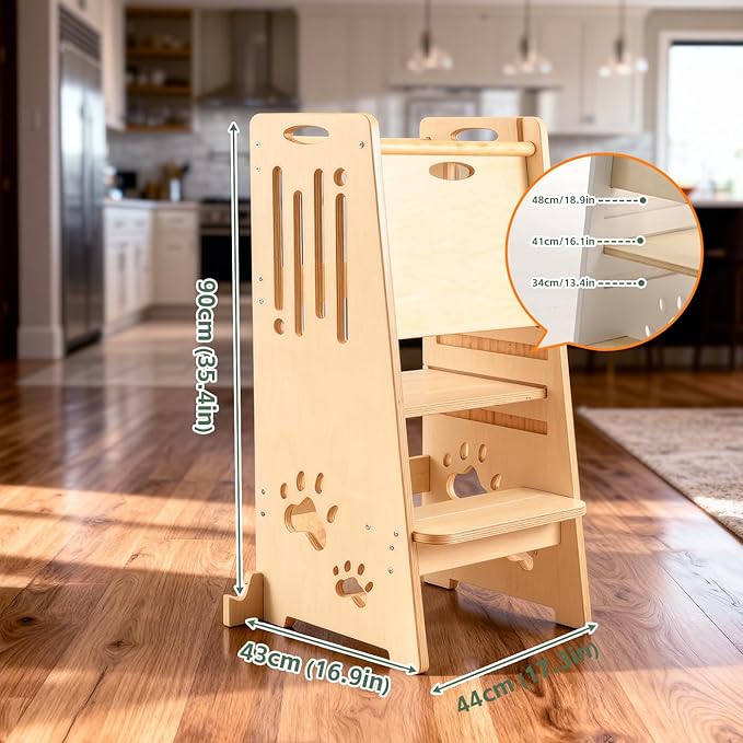 Toddler Standing Tower, Height-Adjustable Step Stool for Kids,Easy to Assemble and Move,Nursery Step Stool for Kitchen and Bathroom,an Assistant for Cultivating Your Child's Independence-Natural