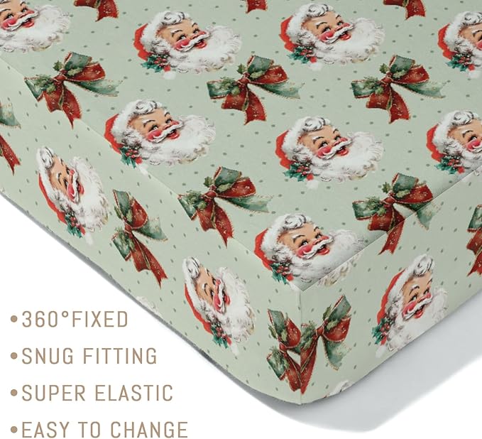 Vintage Merry Christmas Santa Bows Baby Crib Sheets for Boy Girl Retro Happy Santa Jolly Soft Snug Fitted Crib Mattress Covers Fit 52''x28'' Standard Crib & Toddler Mattress Winter Holiday Bed Sheets