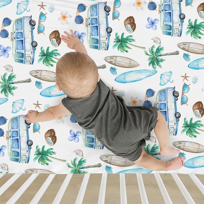 Watercolor Boho Surfing Baby Crib Sheets for Boy Girl 52x28Inch Surfboard Tropical Palm Trees Flowers Soft Snug Fitted Crib Mattress Cover Summer Beach Baby Sheet for Standard Crib & Toddler Mattress