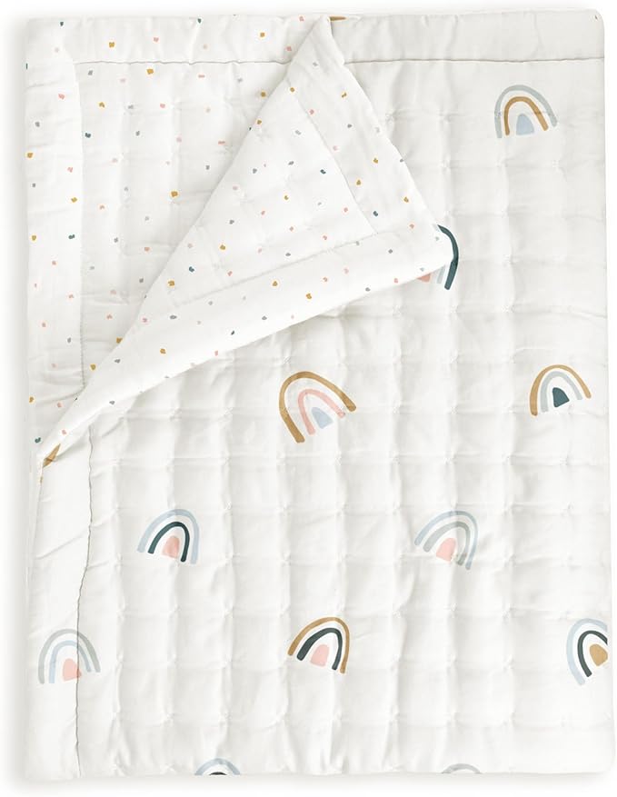 MakeMake Organics Organic Twin Comforter GOTS Certified Organic Kids Blanket Cotton Infill Tufted - Reversible Ultra Soft Breathable Boys Girls (68"x88", Dotty + Rainbow)
