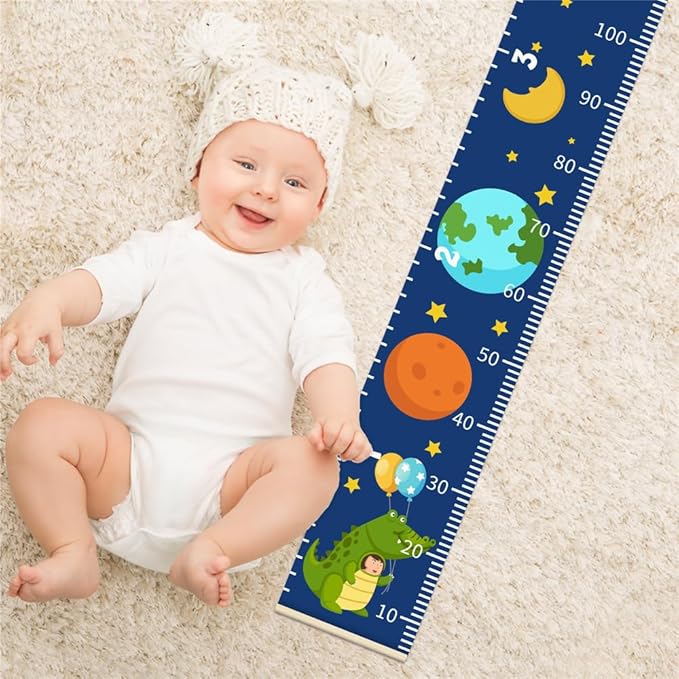 Baby Height Growth Chart - Canvas Height Chart for Kids Baby Child Toddler Boys Girls Growth Chart for Wall Room Nursery Decor Hangable and Removable Measuring Wall Ruler (Space, Beige Wood)