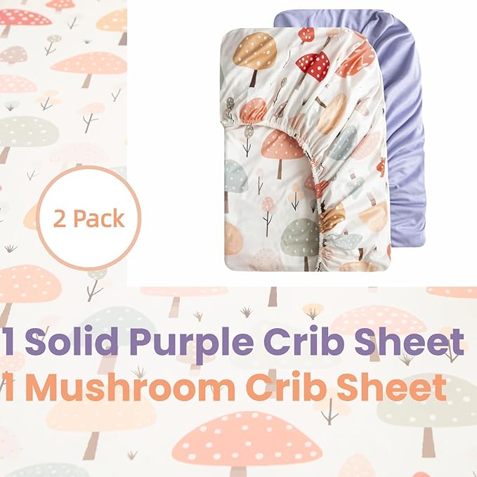 SDIII 2 Pack Mushroom Crib Sheets for Boys Girls 52×28 Stretchy Microfiber Jersey Knit Fall Fitted Crib Sheet for Standard Crib and Toddler Mattress