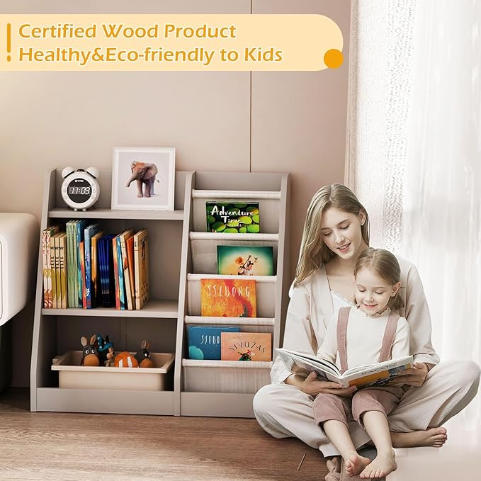 HedoAjim Gray Nursery Bookshelf for Kids 3 Tier Wood Shelf 4 Sling Baby Toddler Bookcase Book Rack with Adjustable Shelf for Boy Girl’s Gift Bedroom Playroom Nursery Classroom Church Kindergarten