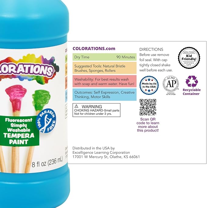 Colorations Paraben-Free Fluorescent Simply Washable Tempera Paint- Set of 6, 8 oz. Each Bottle, Non-Toxic, Classroom Essentials, Arts and Crafts Supplies for Kids and Adults