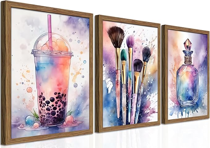 Framed Teen Girls Bedroom Wall Art Set of 3, Pink and Purple Splash Canvas Prints, Makeup Enthusiast Pictures Posters, Drinks Cosmetic Wall Decor for Teenage Girl Room Decor – 16x24 inch