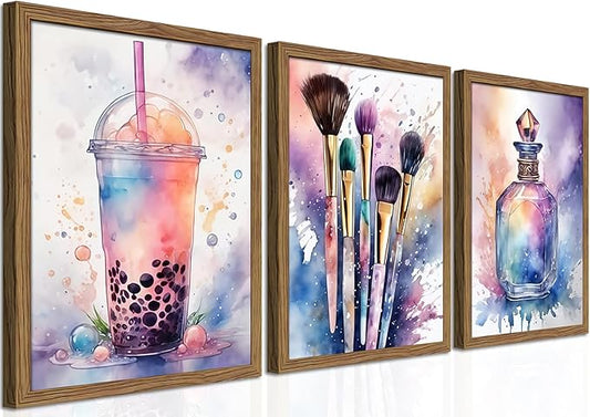 Framed Teen Girls Bedroom Wall Art Set of 3, Pink and Purple Splash Canvas Prints, Makeup Enthusiast Pictures Posters, Drinks Cosmetic Wall Decor for Teenage Girl Room Decor – 12x16 inch