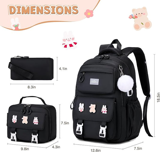DIGOBAY 3PCS Girls Backpack for School, Kids Backpack for Girls with Lunch Box Pencil Case Set for Teen Girl Elementary Primary Middle High College School Bookbag with Cute Pins (Black)