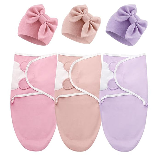DRESHOW BQUBO 3 Pack Baby Swaddle Sleep Sacks Baby Swaddling Blanket Wrap Newborn Swaddle Sack with Big Bow Hat for Boys Girls 6-12 Lbs Newborns & 0-3 Months Girls Boys