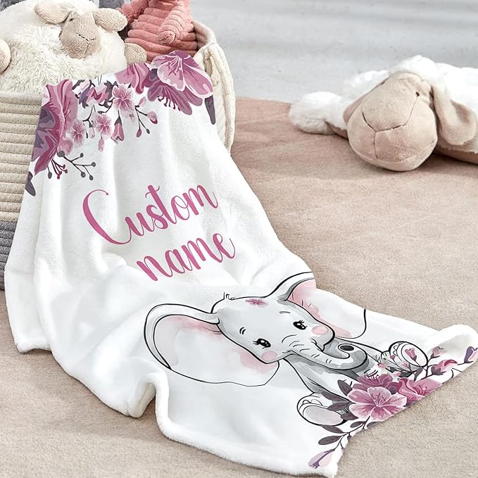 Custom Baby Crib Bedding Set, Personalized Name Floral Elephant Theme Crib Set 3 Pcs, Soft Double Layer Blanket, Crib Sheet & Room Rug, Ideal Nursery Decor Gift for Baby Girls Boys