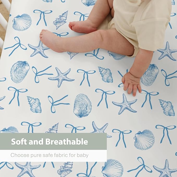 Summer Conches Bows Sea Baby Crib Sheets for Boy Girl 52"x28" Ocean Seashells Beach Soft Snug Fitted Crib Mattress Covers Boho Nautical Life Baby Sheet for Standard Crib and Toddler Bed Mattress