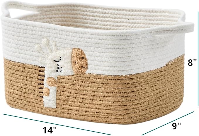 BUBUSUN Storage Bins Woven Baskets for Storage Set of 3, Cotton Rope Basket with Handles for Toys/Shelves/Laundry, Rectangle Multi-Purpose Organizer for Living Room, Bedroom, Nursery (Giraffe)