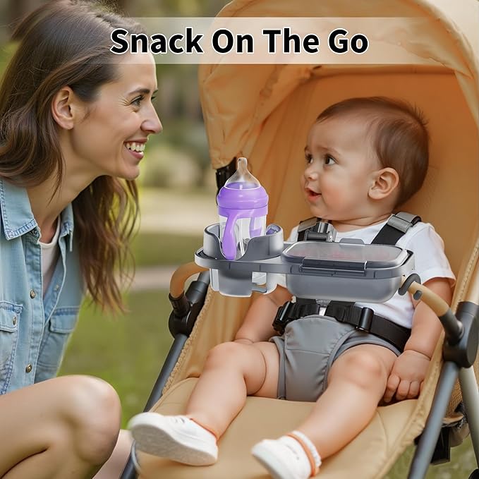 btrfe Universal Stroller Snack Tray, 3-in-1 Cup Holder Tray with Clamp & Silicone Arms Grip & Detachable Silicone Tray, Stroller Tray Attachment for Toddler & Kids, Snacking On The Go