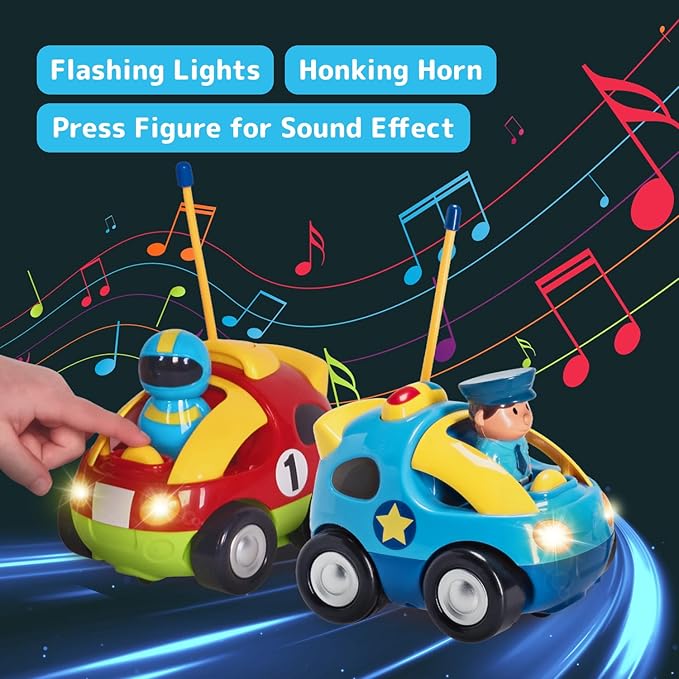 Prextex 2 Pack Cartoon Remote Control Cars for Toddlers - Police Car and Race Car with Steering Wheel Controllers and Lights - Different Frequencies So Both Can Race Together - Toddler Gift 18+ Months