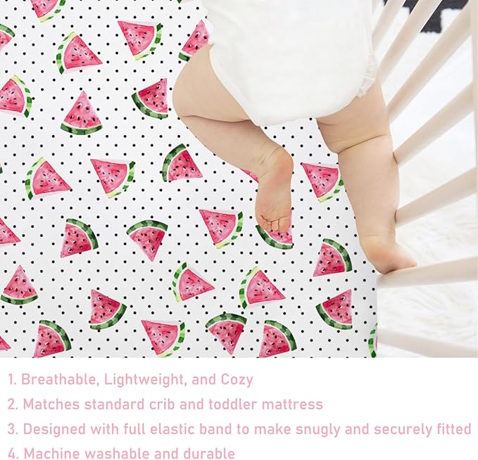 Watercolor Watermelon Dots Baby Crib Sheets 52''x28'' Watermelon Fruits Snug Fitted Crib Mattress Covers for Boy Girl Boho Summer Fruits Soft Baby Bed Sheet for Standard Crib Toddler Mattress