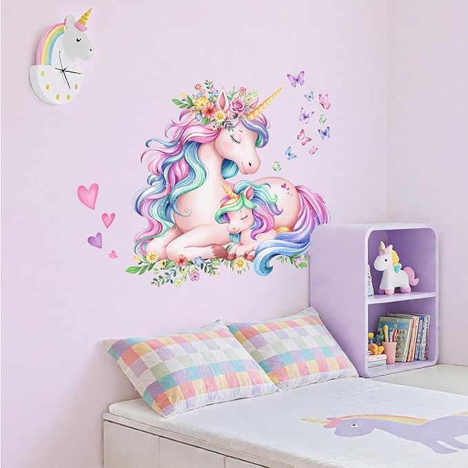 Watercolor Unicorn Wall Stickers, Sleeping Cute Unicorn Wall Decals Peel and Stick Wall Decal Self Adhesive Home Decor for Girls Nursery Kids Room