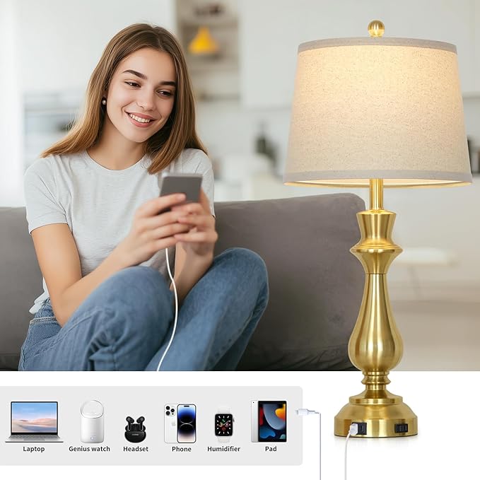 luxeflow Modern Gold Table Lamp for Living Room,30" Tall Bedside Lamp with USB Charging Port,3-Way Dimmable Touch Nightstand Lamp for Bedroom Desk Side Table Office,Gold-1P
