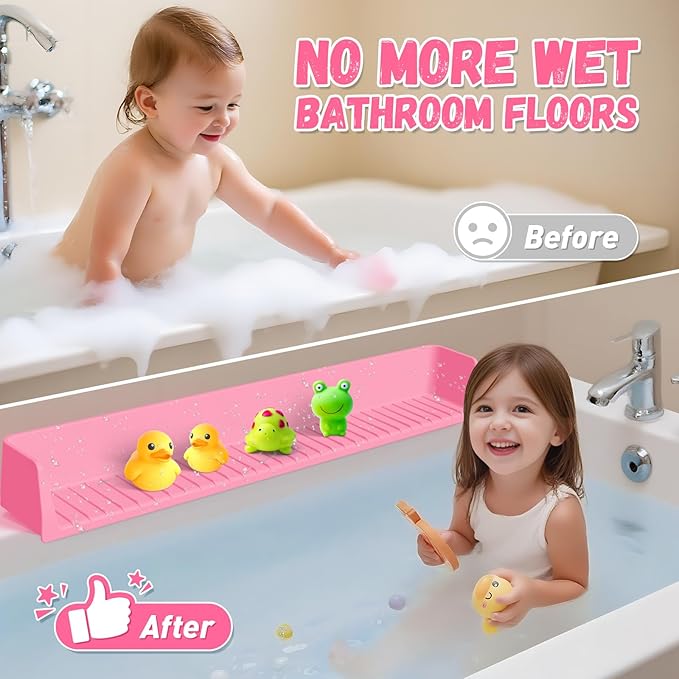 Splash Guard for Bathtub Kids - Silicone Bathtub Splash Guard with 11 Suction Cups, Bath Tub Play Shelf for Kids & Toy Holder, Prevent Water Spill in Bathroom, Fun Bath Time for Toddlers Baby, Pink